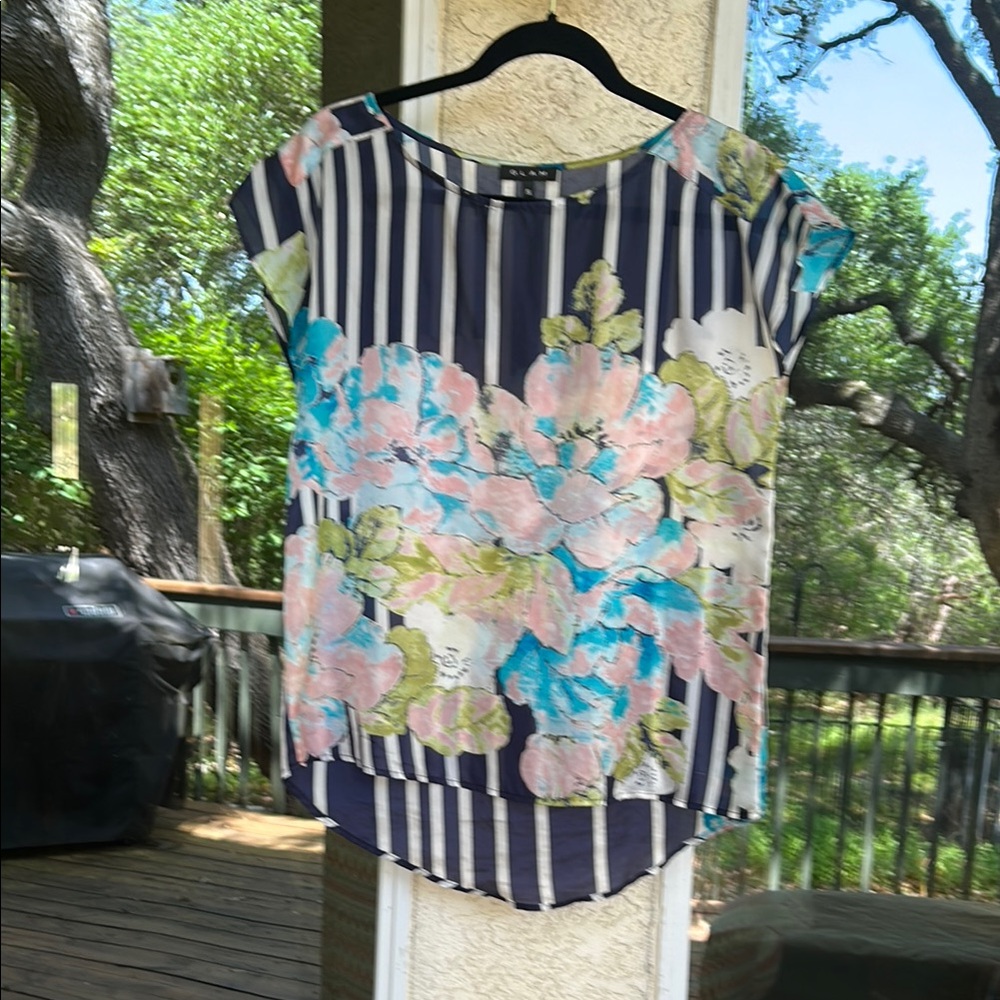 Glam White and Blue Graphic Silk Relaxed Blouse